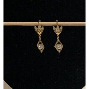 Vintage Spanish Damascene Earrings Faux Pearl Dangle Drop